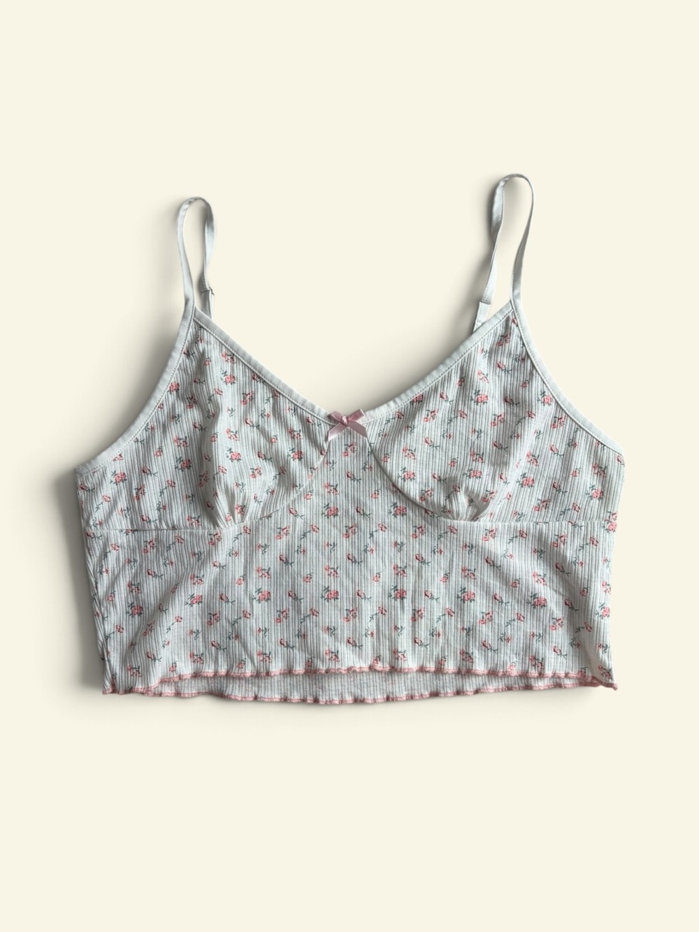 Unbranded Coquette Ditsy Floral Ribbed Cropped Cami Top Lettuce Hem Bow Size L